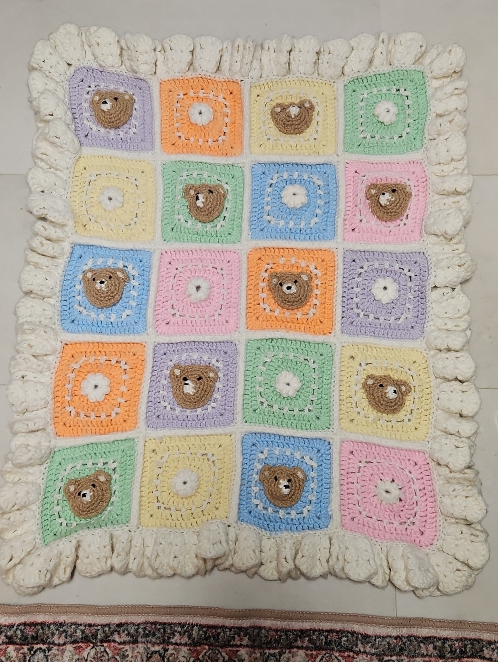 Handmade Crochet Baby Blanket with 3D Pastel Bears